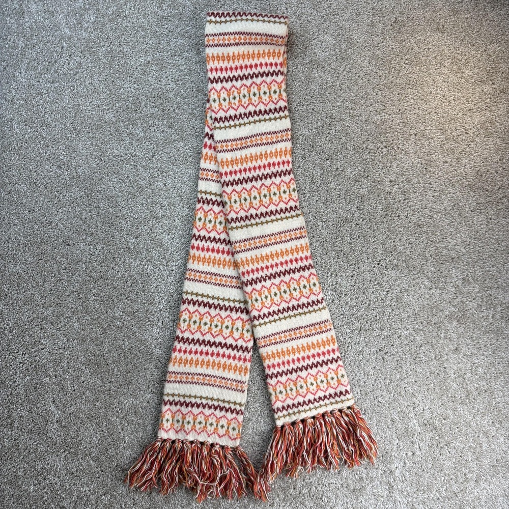 Y2K American Eagle Outfitters Scarf Womens OS White Fair Isle Knit Fringe Winter